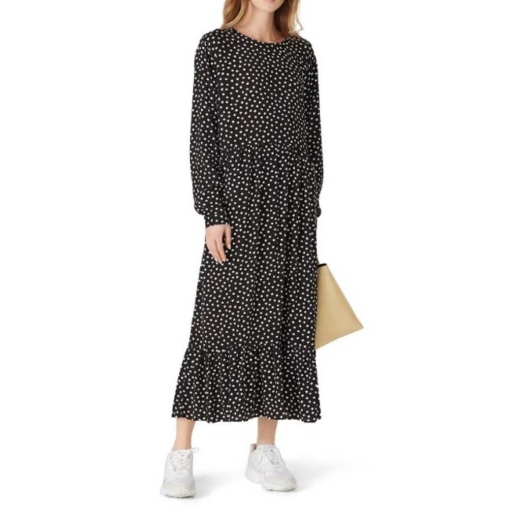 MPC Black White Polka Dot Midi Dress Women’s M Long Sleeve Tiered Ruffle Hem